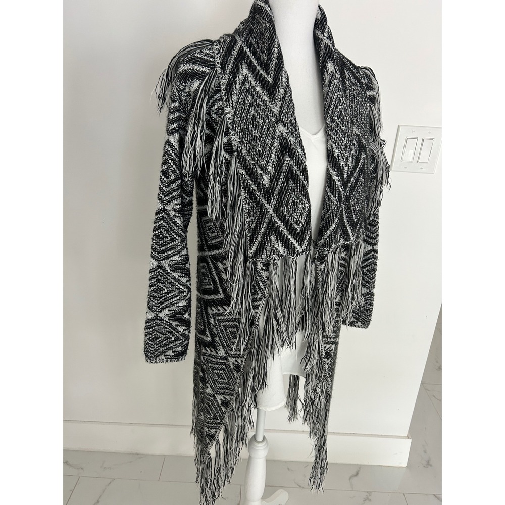 Lascana Black White Geometric Fringe Open Front Cardigan Wool Blend XS